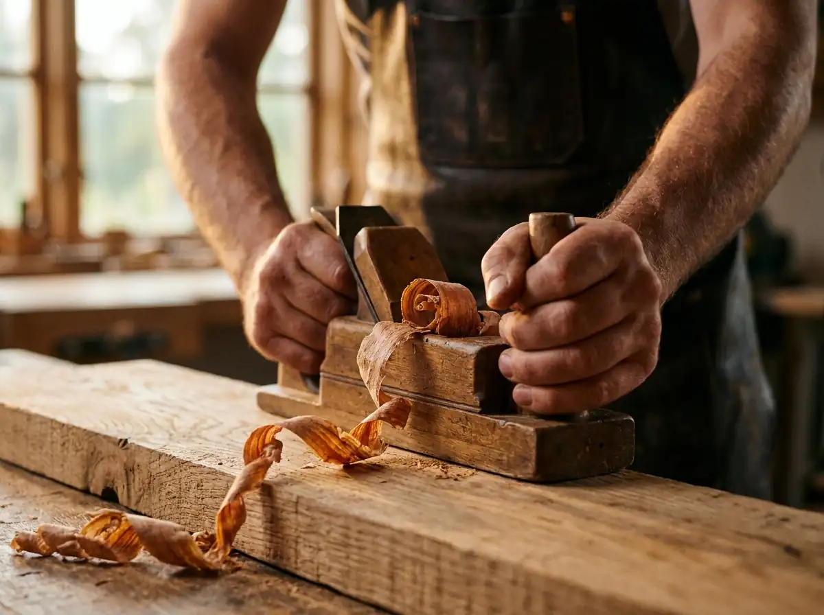 Les mains d'Anselme Rouvre guidant un rabot de bois sur une planche de chêne, copeaux en volutes.