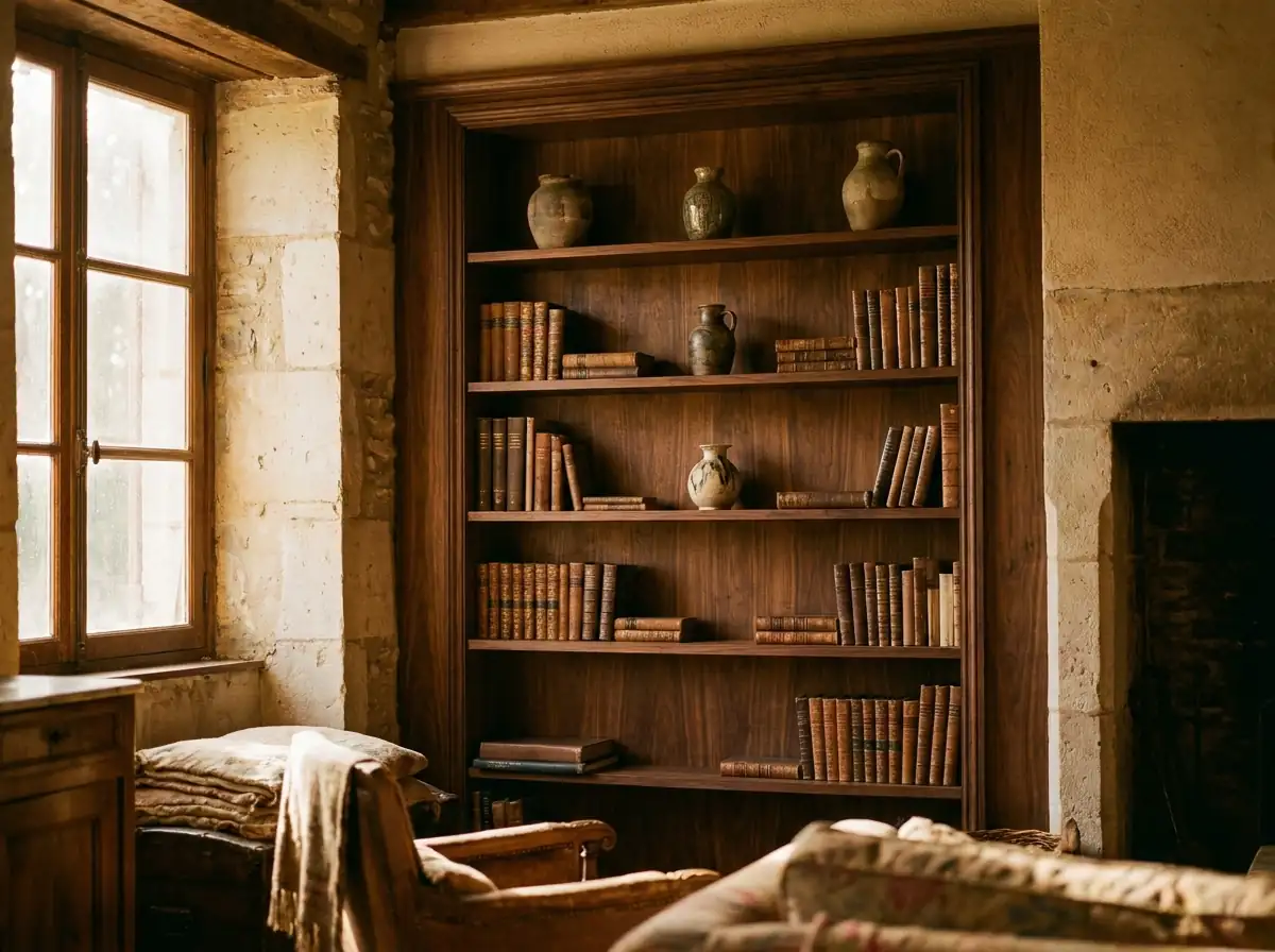 Bibliothèque toute hauteur en noyer, encastrée dans une alcôve, éclairée d'une lumière chaude du soir.