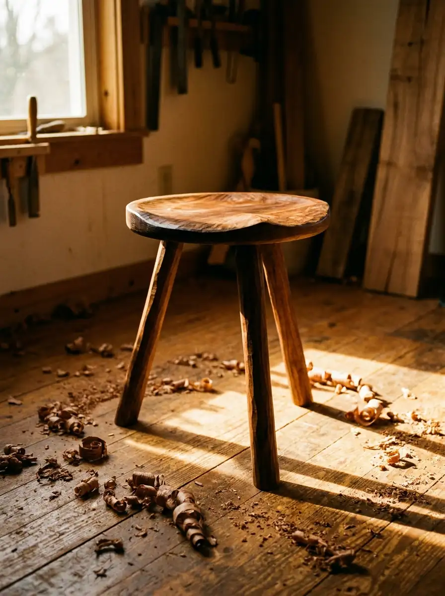Tabouret trois pieds sculpté dans le noyer, seul dans la lumière rasante de l'atelier.